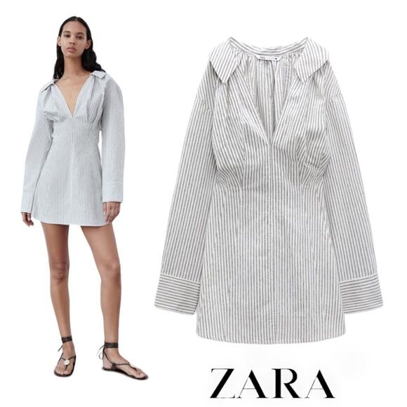 ZARA | Ecru | SHORT STRIPED DRESS - Picture 1 of 11
